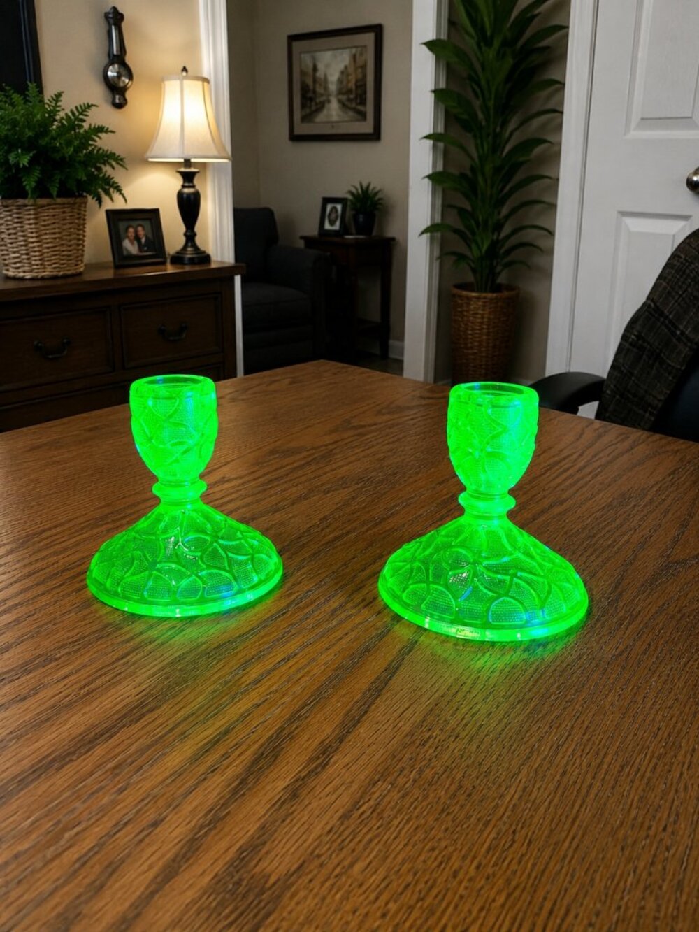 Pristine Pair Vintage 1920s Imperial Glass Vaseline Uranium Candleholders - Picture 8 of 8
